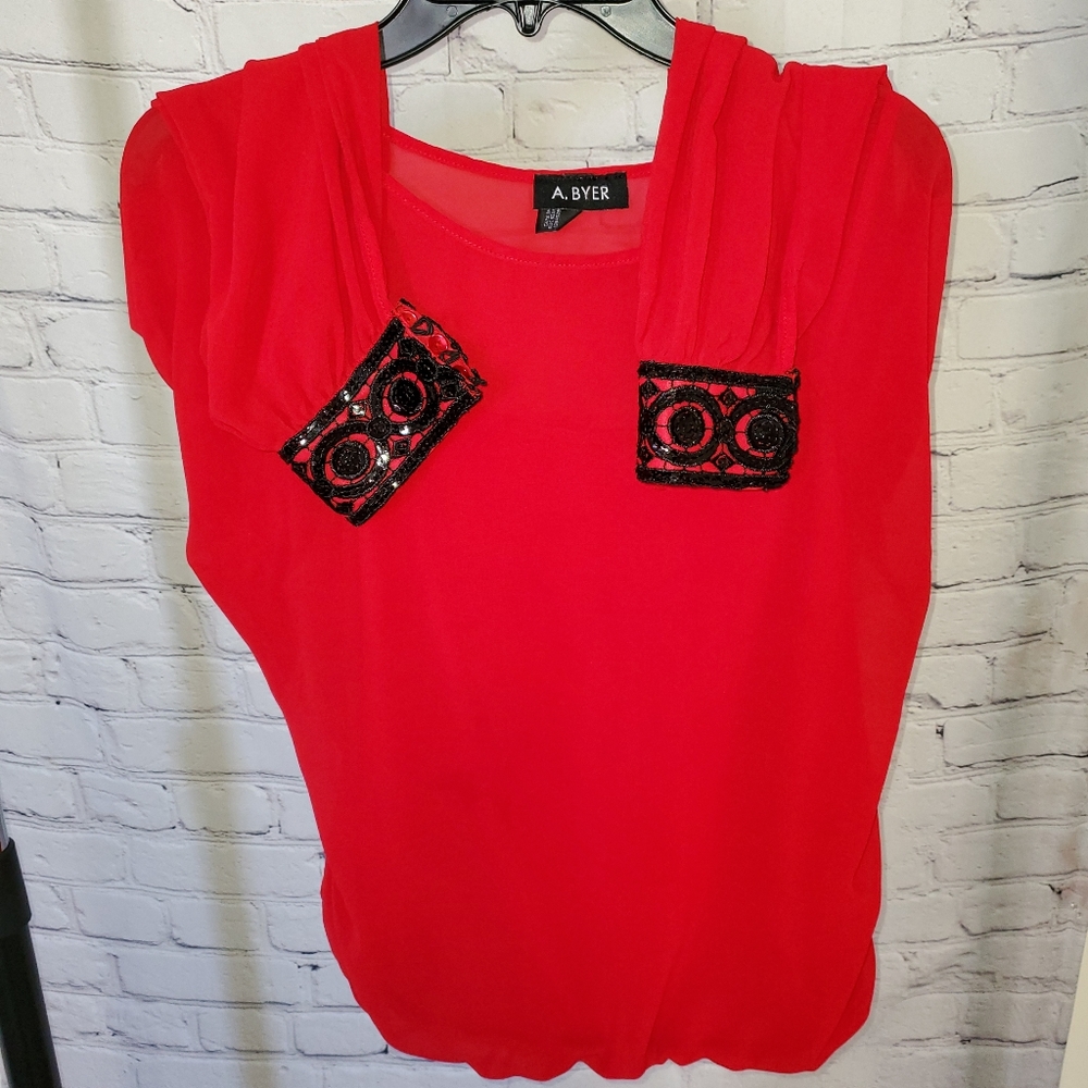 A byers, large, blouse, with tank and sheer overlay, red, black details